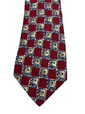 Today’s Man Silk Tie Vtg 90s Italy Geometric Checkered Burgundy Gold Blue Tan